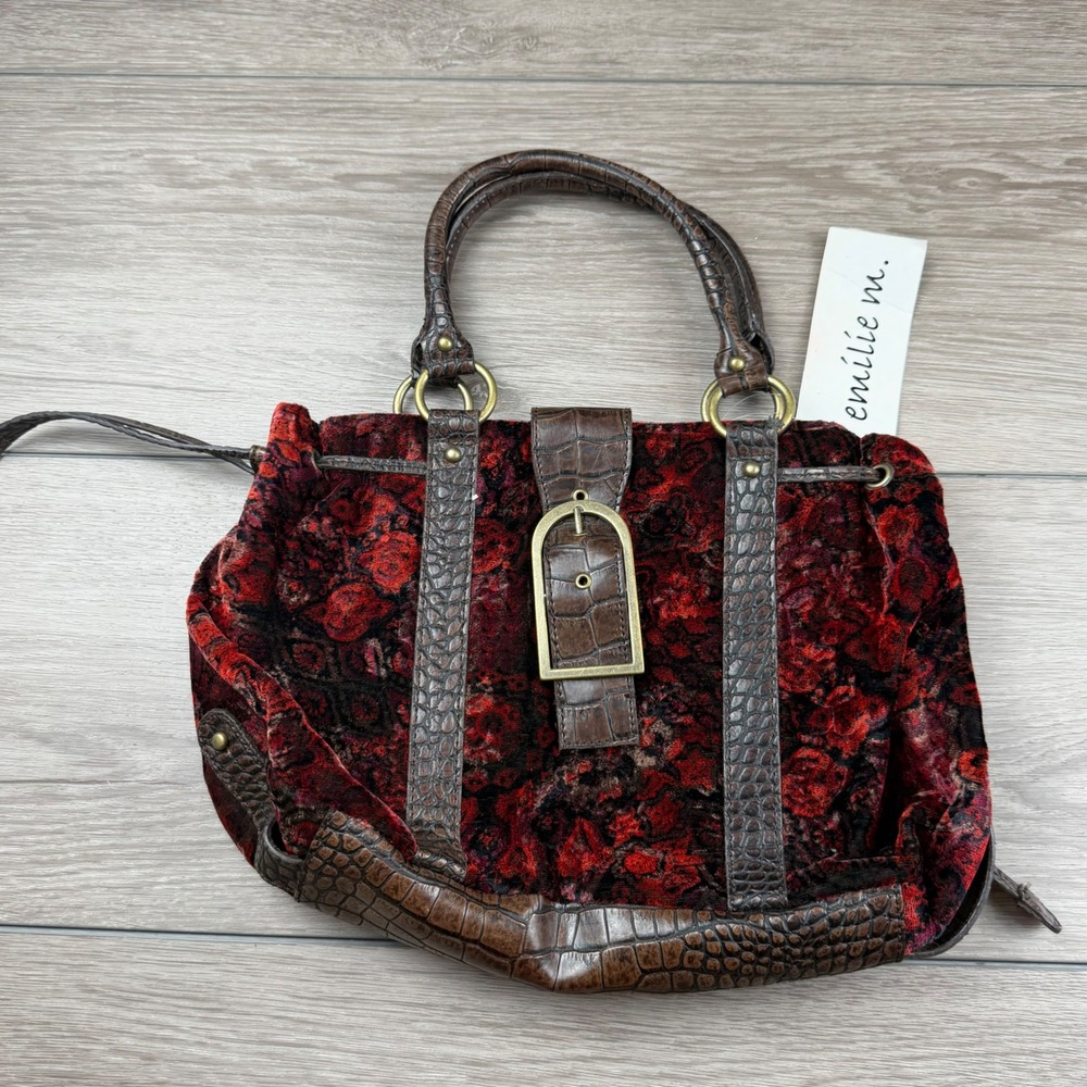 Emilie M Womens Satchel Handbag Faux Croc Velvet Floral Red Brown Large